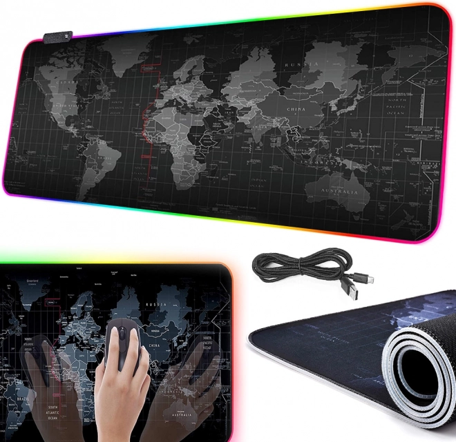 Podsvícená herní podložka pod myš RGB XXL Mapa světa 80 × 30 cm