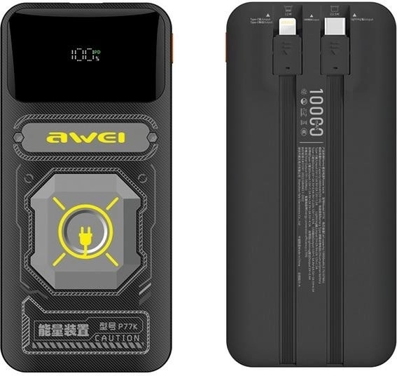 Powerbanka 10000 mAh 22,5 W s vestavěnými kabely USB‑C a Lightning Awei P77K