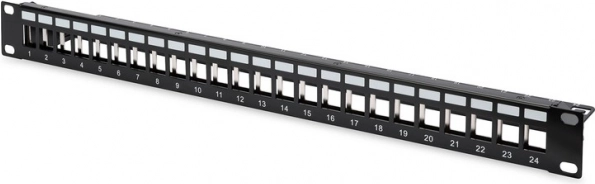 Patch panel 19" 24portový pro moduly keystone, stíněný, 1U, s vedením kabelů a popisovými poli, černý