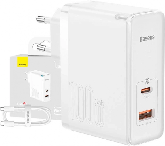 nabíječka baseus gan5 pro 100w s usb‑c a usb + 1m kabel, bílá