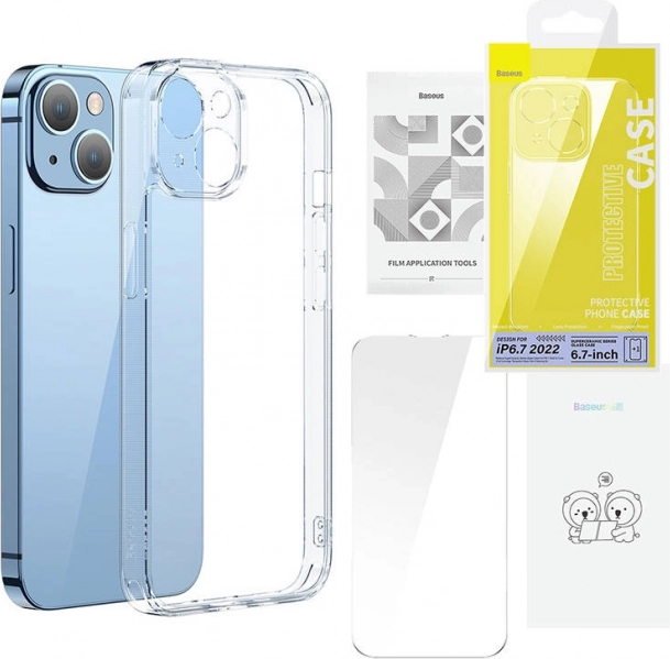 Husă de Sticlă Transparentă Baseus SuperCeramic și set de sticlă întărită pentru iPhone 14 – Plus