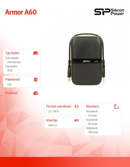 ARMOR A60 1TB USB 3.0 ČERNÁ-ZELENÁ/PANCÉŘOVÁ Nárazuvzdorný/prachotěsný a vodotěsný