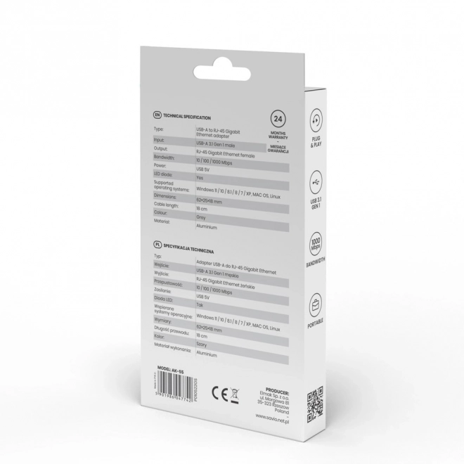 Adaptér USB-A 3.1 Gen 1 na RJ-45 gigabitový Ethernet, AK-55