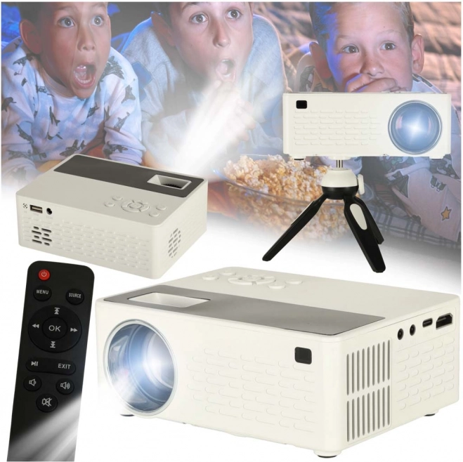 Přenosný LED projektor 1080p s TFT LCD a stativem, bílý