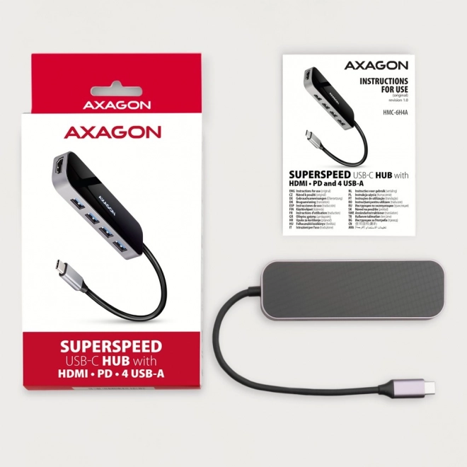 HMC-6H4A Víceportový rozbočovač 4x USB-A + HDMI, USB-C 3.2 Gen 1, PD 100W, 20cm kabel USB-C
