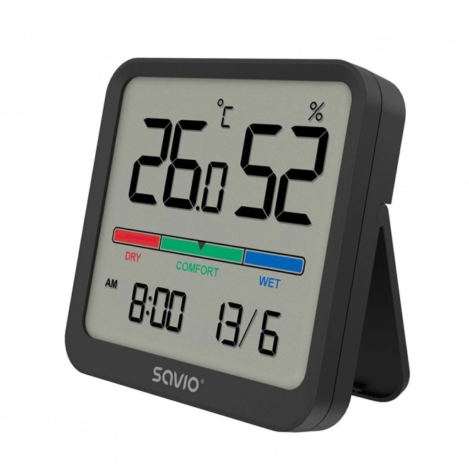 Čidlo teploty a vlhkosti, pro vnitřní použití, LCD displej, hodiny, datum, rukojeť s magnetem, CT-01 – černé
