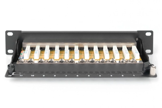 Patch panel 10" 12 portů, cat.6, S/FTP, 1U, držák kabelů, černý (kompletní)
