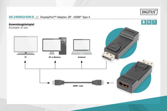 Displayport 1080p 60Hz FHD Typ DP/HDMI A M/Z Černý adaptér