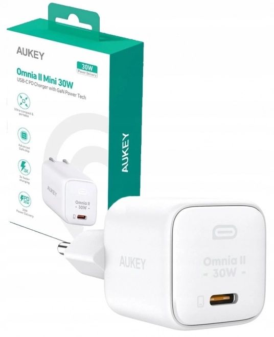 Bílá GaN USB-C nabíječka Aukey Omnia II Mini 30W
