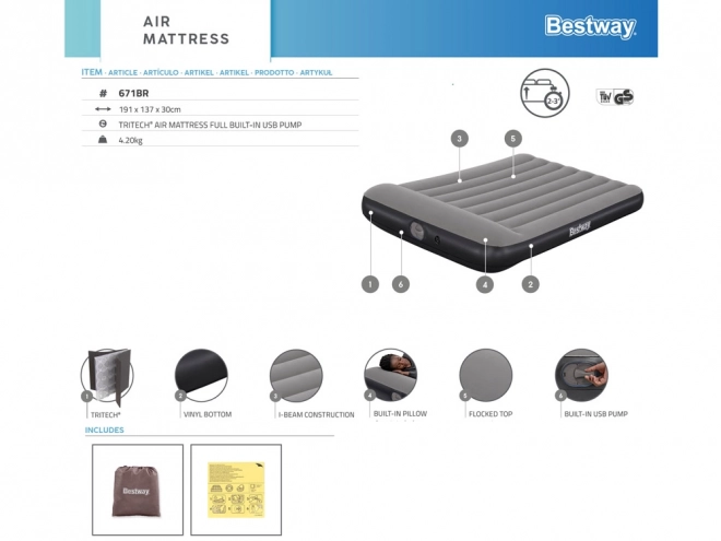 Dvouosobová nafukovací matrace Bestway Tritech s USB pumpou