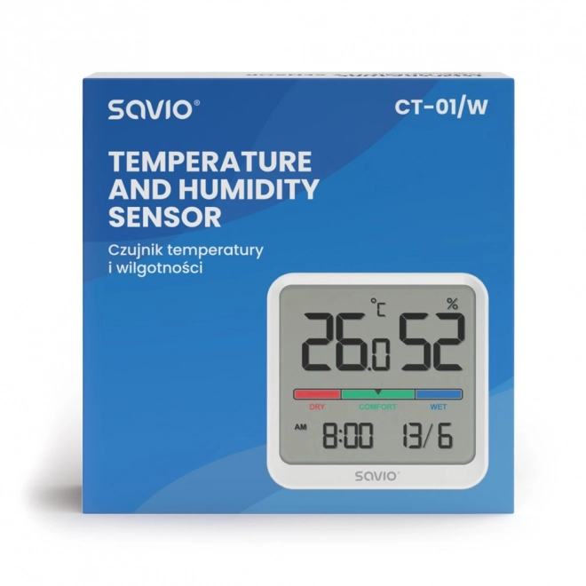 Čidlo teploty a vlhkosti, pro vnitřní použití, LCD displej, hodiny, datum, rukojeť s magnetem, CT-01 – bílé