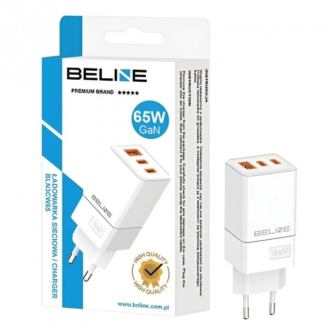 65W GaN 2xUSB-C+USB-A hadicová nabíječka bez kabelu Bílá