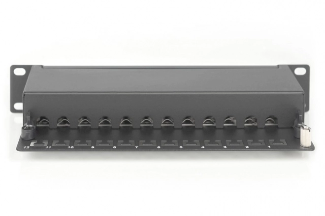 Patch panel 10" 12 portů, cat.6, S/FTP, 1U, držák kabelů, černý (kompletní)