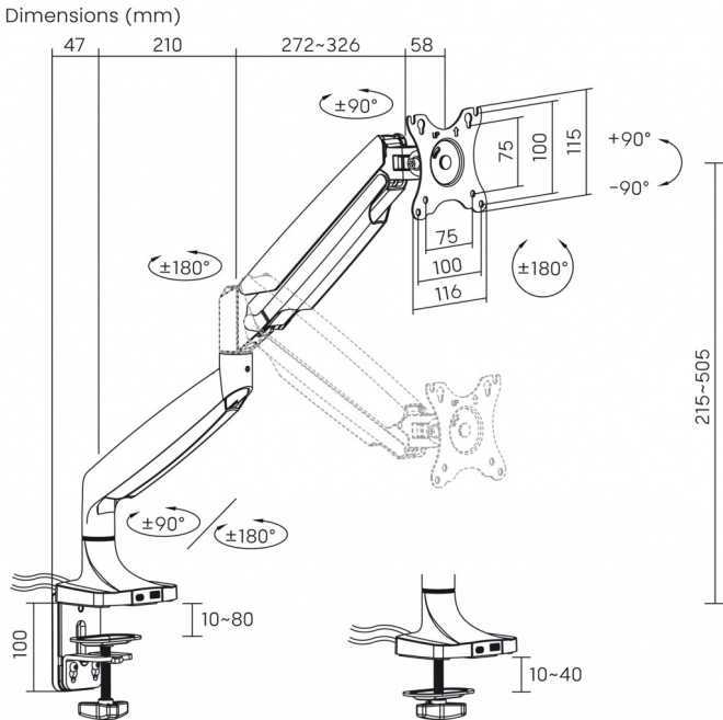 Plynový stolní držák na monitor LED/LCD až 45'' s USB porty
