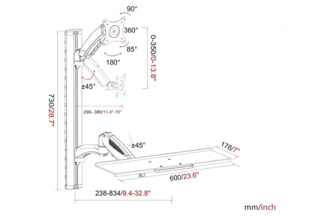 Nástěnné rameno pro monitor a klávesnici, max. 27", max. 8kg, otočné 360°