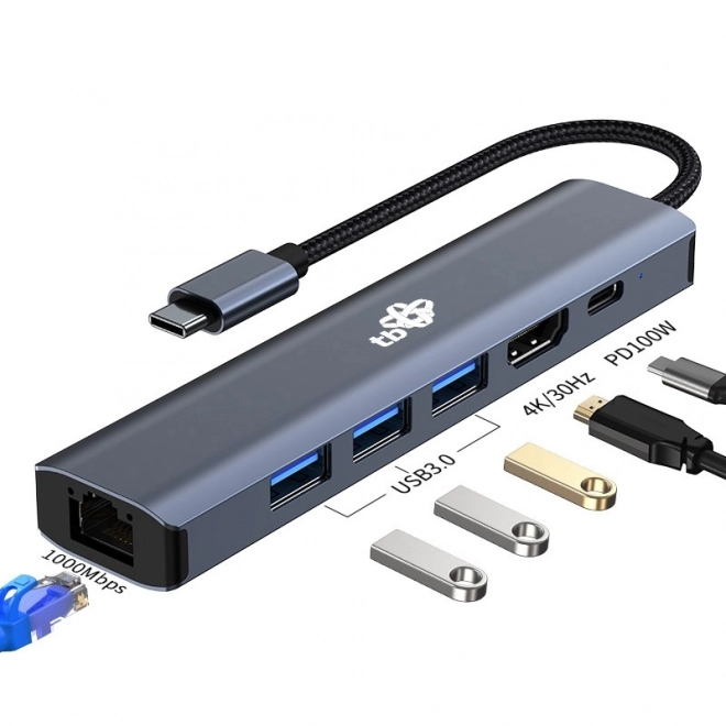 Adaptér HUB USB C 6v1 - HDMI, USBx3, PD, RJ-45