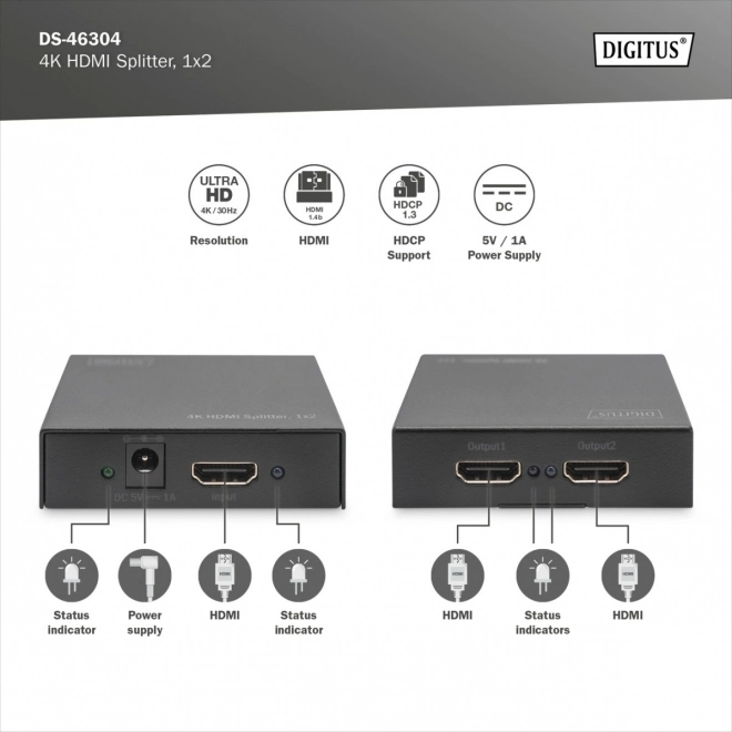 HDMI rozbočovač 2portový, 4K UHD 30Hz, 3D, HDCP 1.3, audio