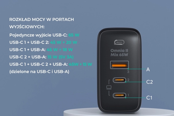 Aukey Omnia II černá GaN nabíječka 65W 3xUSB-C/A