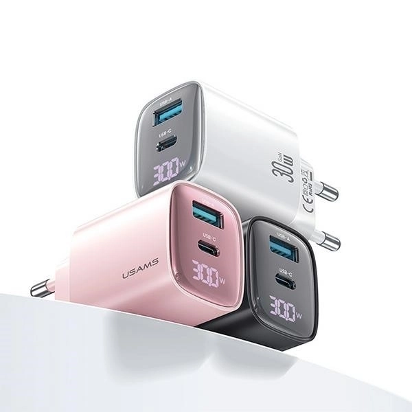 30W GaN LED USB+USB-C síťová nabíječka CC229 Rychlé nabíjení bílá