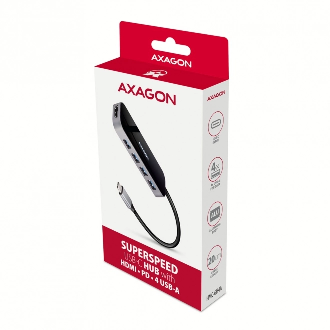 HMC-6H4A Víceportový rozbočovač 4x USB-A + HDMI, USB-C 3.2 Gen 1, PD 100W, 20cm kabel USB-C
