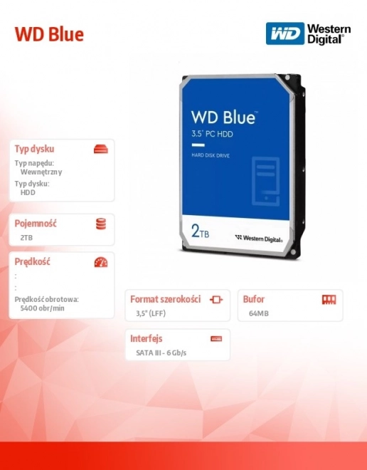 Pevný disk WD Blue 2 TB 3,5" SATA III 5400 ot./min, 64 MB cache