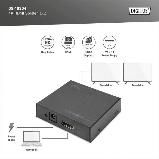 HDMI rozbočovač 2portový, 4K UHD 30Hz, 3D, HDCP 1.3, audio