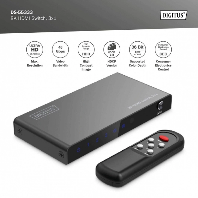 Přepínač HDMI 8K 3x1 s dálkovým ovládáním