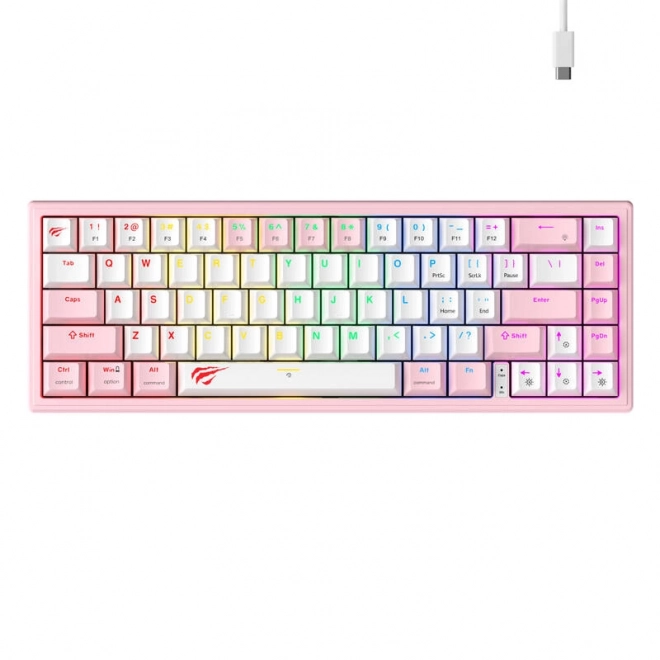 Mechanická klávesnice Havit s RGB podsvícením v růžovo-bílé