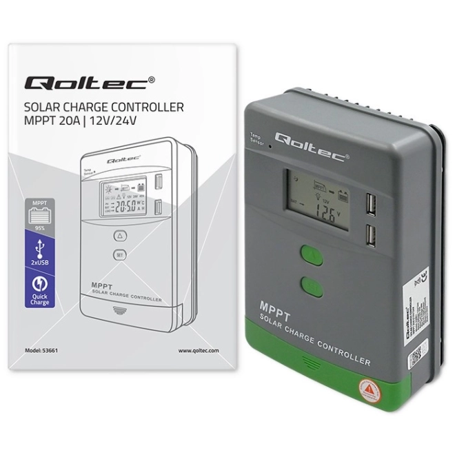 Regulátor solárního nabíjení MPPT s teplotním čidlem 20A | 12V / 24V | LCD | 2 x USB