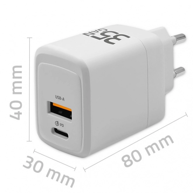 35W GaN | 5-20V | 1,5-3A | 1xUSB-C PD | 1xUSB QC 3.0 | Bílý