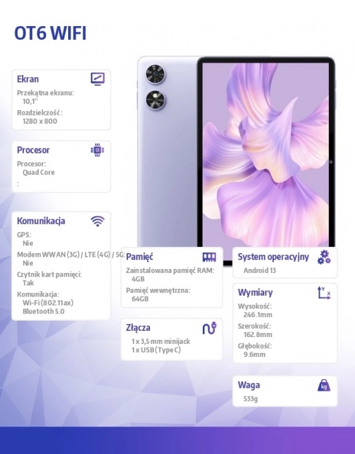 Tablet OT6 Fialová Wi-Fi 10,1 palce 4/64GB