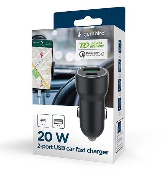 Černá nabíječka do auta USB-A/USB-C 20W PD