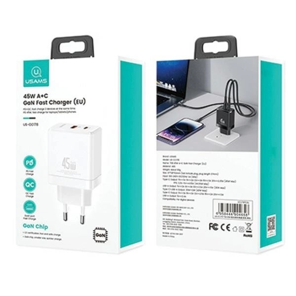 Síťová nabíječka USB-C+USB-A 45W GaN PD 3.0