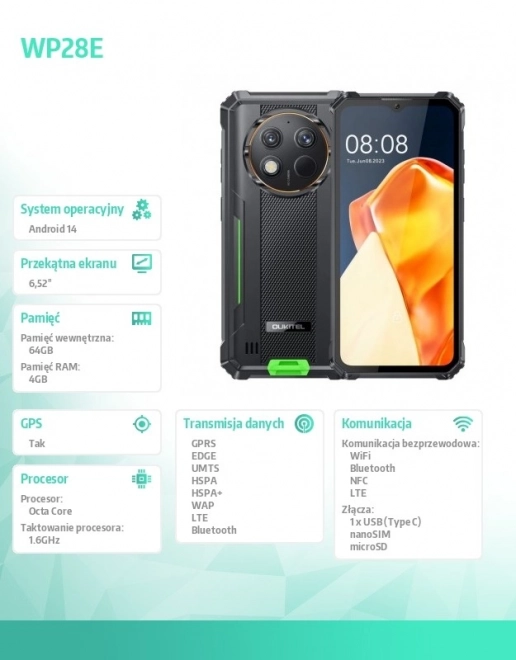 Smartphone se 4G, 4GB/64GB, IP69K, zelený