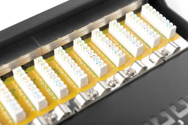 Patch panel 10" 12 portů, cat.6, S/FTP, 1U, držák kabelů, černý (kompletní)
