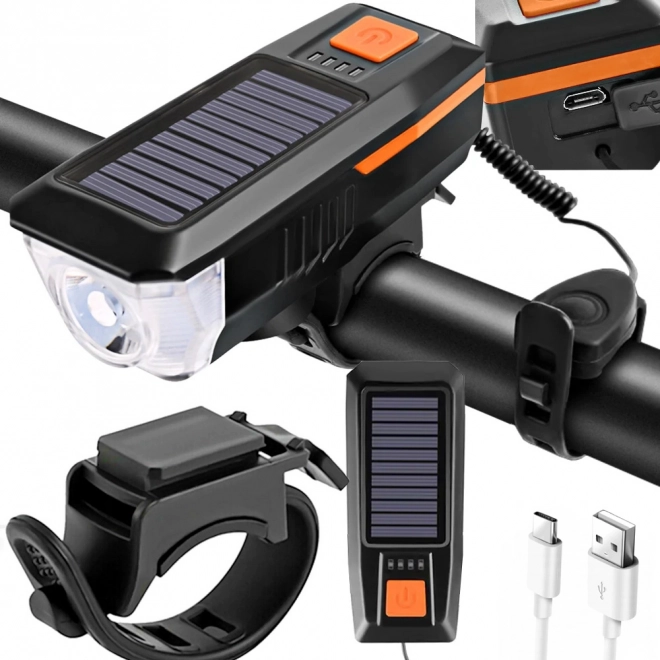 Přední LED světlo na kolo se solárním nabíjením a houkačkou