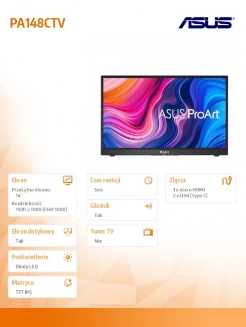Přenosný monitor 14″ ASUS PROART, IPS, USB‑C, micro‑HDMI, 100 % sRGB