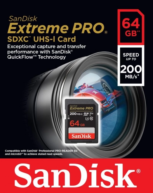 Paměťová karta SANDISK EXTREME PRO SDXC 64GB 200/90 MB/s UHS-I U3 (SDSDXXU-064G-GN4IN)