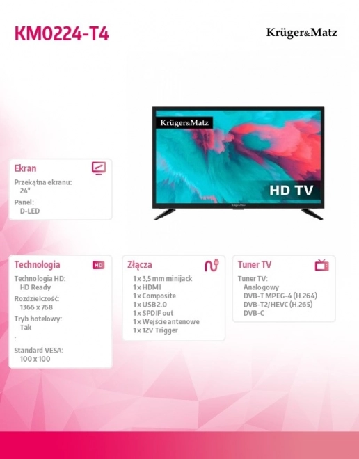 Televizor 24" HD DVB-T2 H.265 HEVC