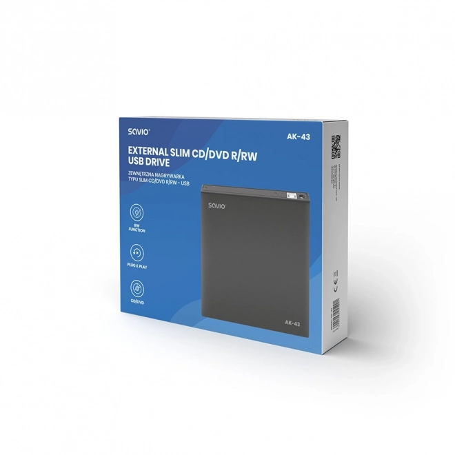 Externí mechanika - typ SLIM CD/DVD R/RW Rekordér - USB SAVIO AK-43