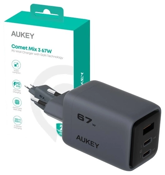 Aukey PA-C3 Comet Mix 3 GaN ultraschnellá síťová nabíječka 67 W 3x USB (2x USB-C a 1x USB-A)