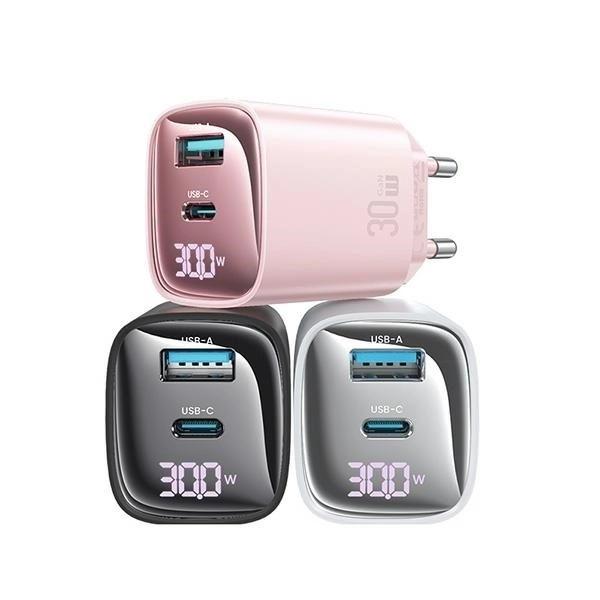 30W GaN LED USB+USB-C síťová nabíječka CC229 Rychlé nabíjení bílá