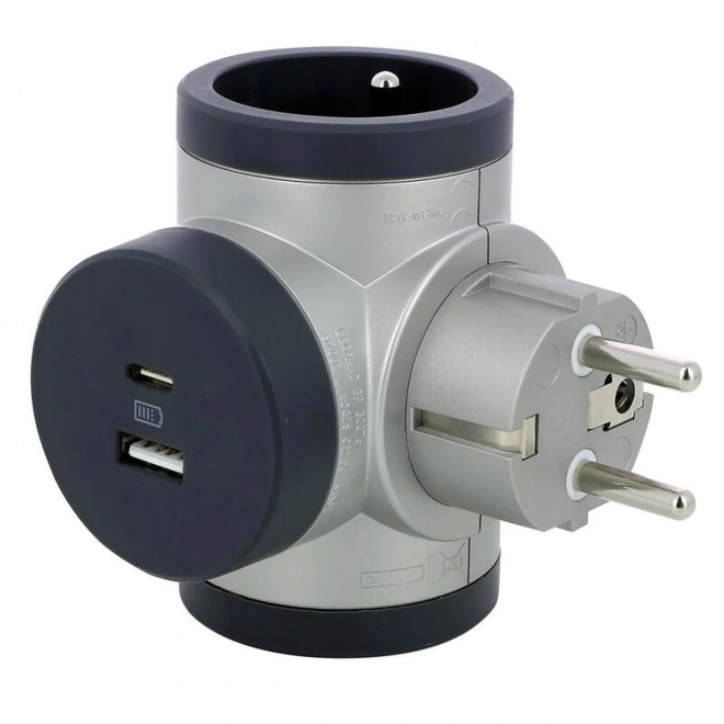 Otočný rozdělovač 2x2P+Z, USB A+C - hliník/grafit