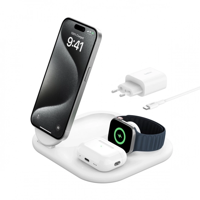 BOOSTCHARGE magnetická nabíjecí kolébka 3v1 Qi2 15W bílá skládací