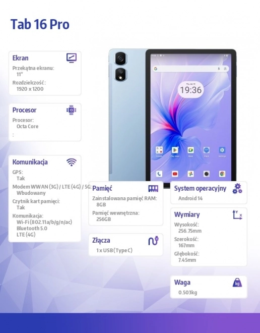 Tablet Tab 16 Pro LTE 11 palec 8/256GB 7700 mAh modrý