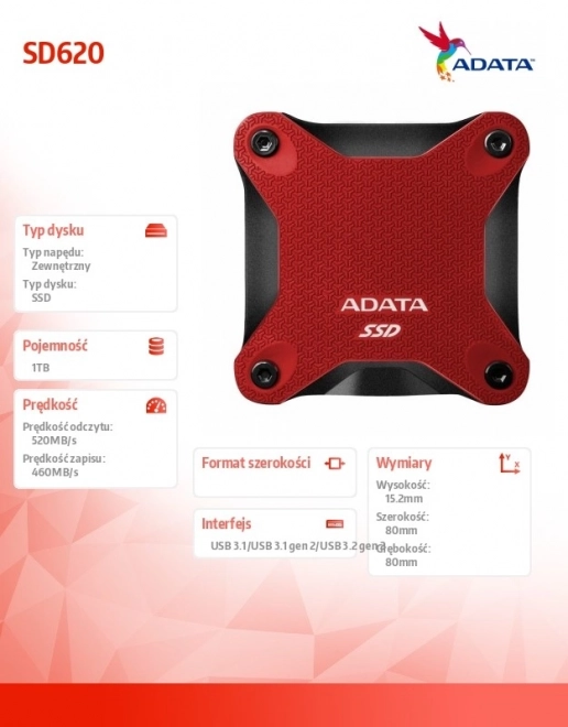 Externí SSD disk ADATA SD620 1TB červený