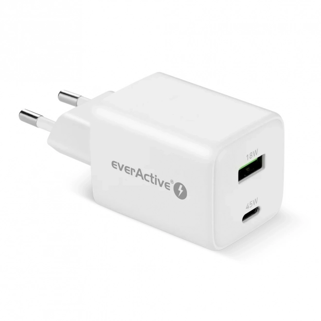 Síťová nabíječka everActive GaN USB a USB-C 45W bílá