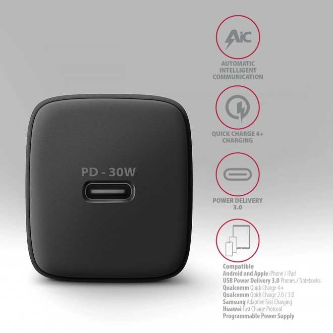 ACU-PD30 PD 30W síťová nabíječka, 1x port USB-C, PD3.0/QC3.0/AFC/FCP/Apple Black