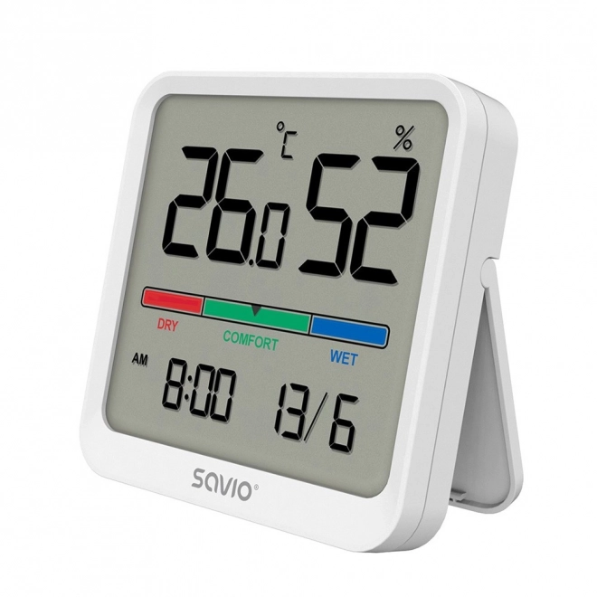 Čidlo teploty a vlhkosti, pro vnitřní použití, LCD displej, hodiny, datum, rukojeť s magnetem, CT-01 – bílé