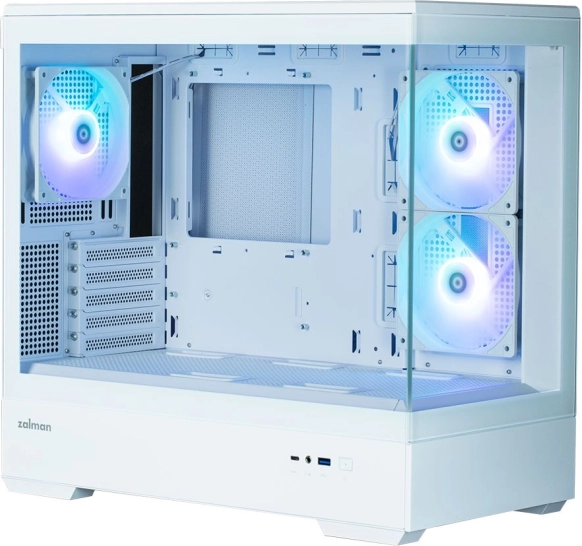 Počítačová skříň MicroATX mini tower s panoramatickým sklem a 3 ARGB ventilátory – bílá